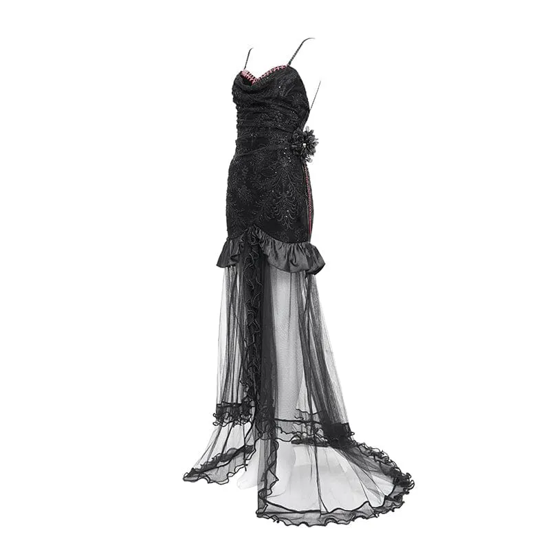 Gothic-Kleid für Damen mit floraler Stickerei, Netzsaum und langem Unterkleid, Hochzeitskleid