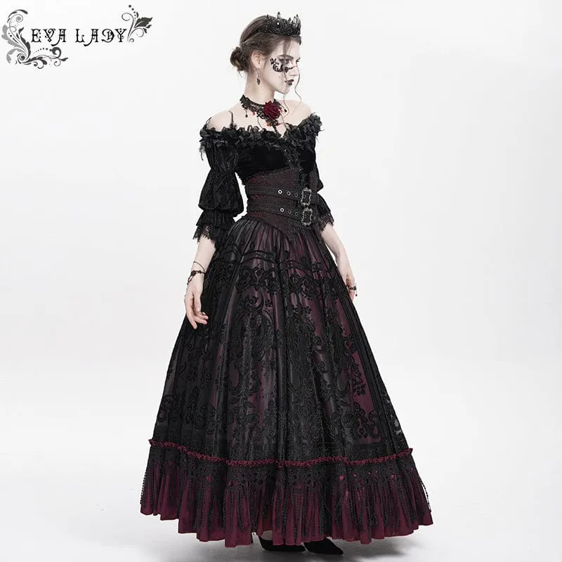 Gothic Jacquard Quasten Schnallen Langer Rock für Damen Rot