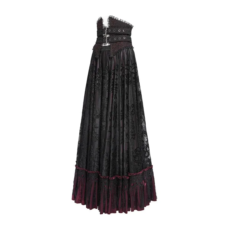 Gothic Jacquard Quasten Schnallen Langer Rock für Damen Rot