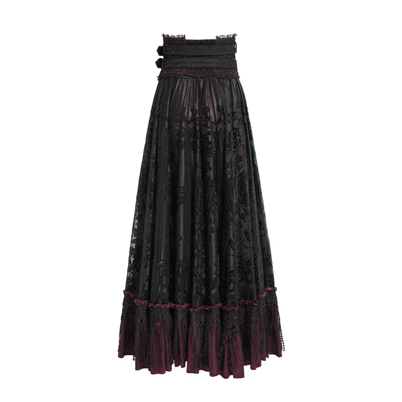 Gothic Jacquard Quasten Schnallen Langer Rock für Damen Rot