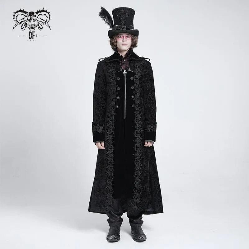 Herren Gothic Reverskragen Bestickter Samtmantel Schwarz