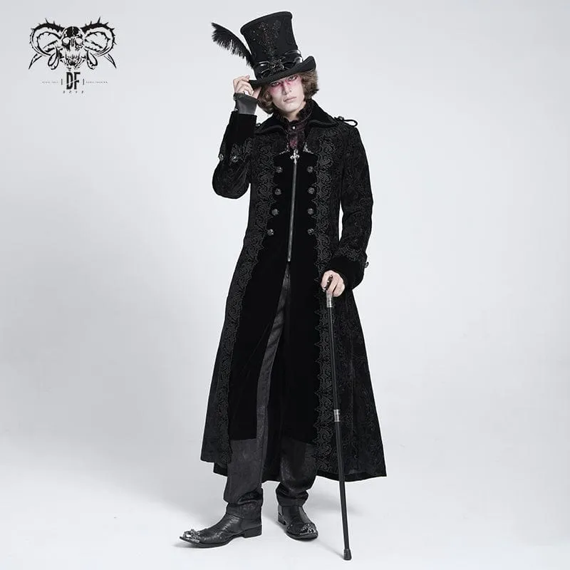 Herren Gothic Reverskragen Bestickter Samtmantel Schwarz