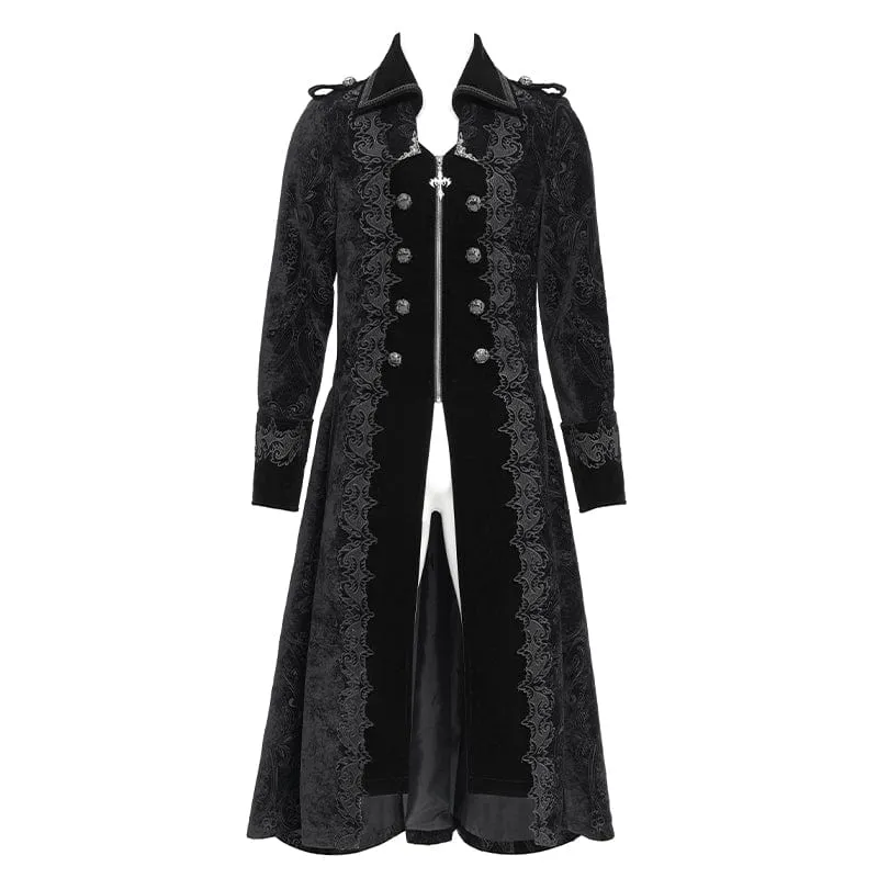 Herren Gothic Reverskragen Bestickter Samtmantel Schwarz