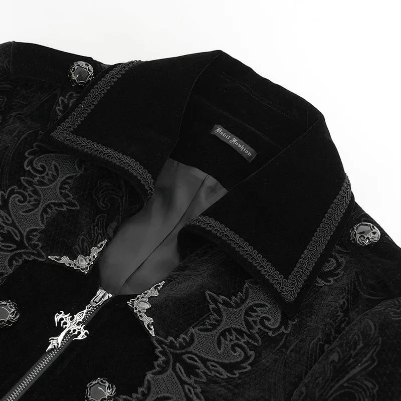 Herren Gothic Reverskragen Bestickter Samtmantel Schwarz