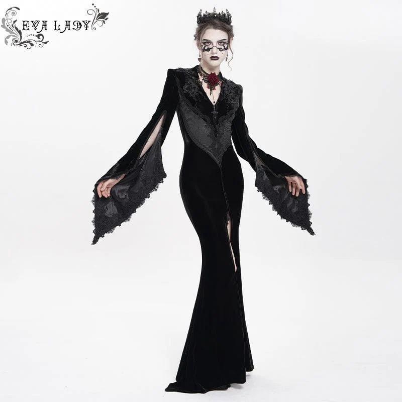 Schwarzes langes, gotisches Samtkleid mit Blumenstickerei für Damen – Hochzeitskleid