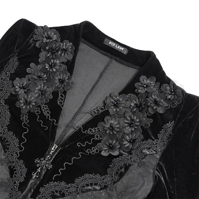 Schwarzes langes, gotisches Samtkleid mit Blumenstickerei für Damen – Hochzeitskleid