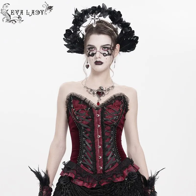 Gothic-Überbrustkorsett mit Schnürung und Perlenbesatz für Damen, Rot
