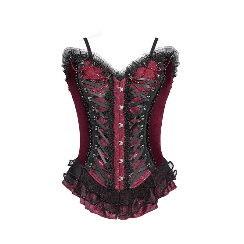 Gothic-Überbrustkorsett mit Schnürung und Perlenbesatz für Damen, Rot