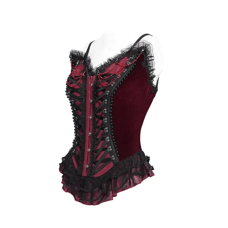 Gothic-Überbrustkorsett mit Schnürung und Perlenbesatz für Damen, Rot