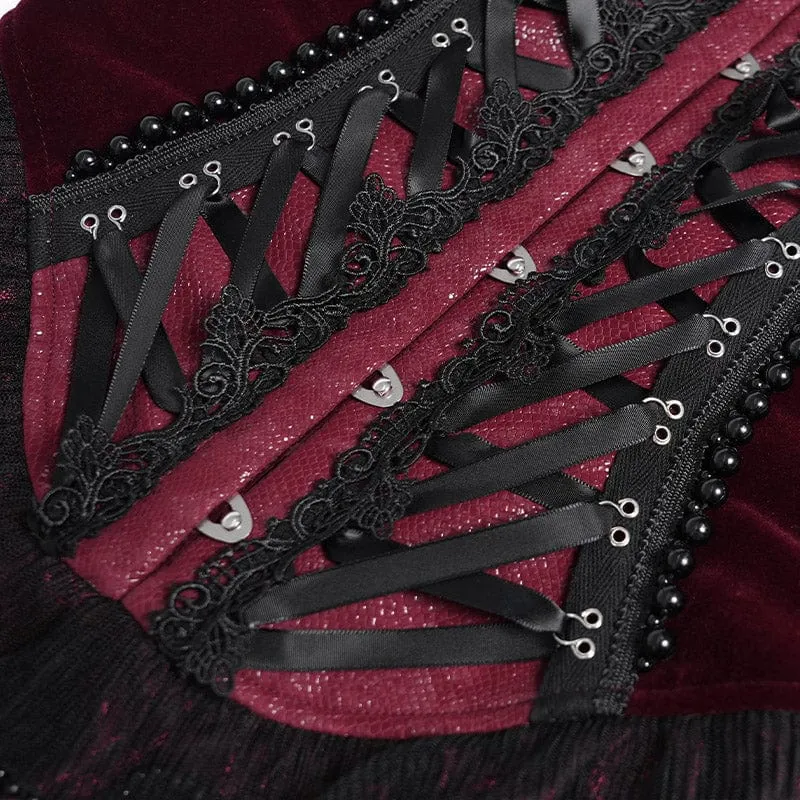 Gothic-Überbrustkorsett mit Schnürung und Perlenbesatz für Damen, Rot