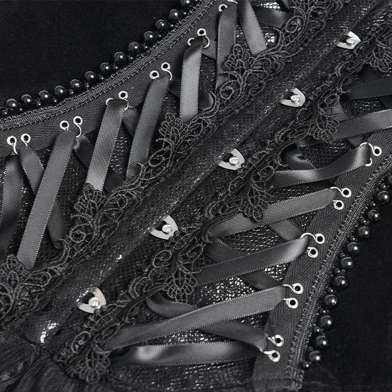Gothic-Überbrustkorsett mit Schnürung und Perlenspitze für Damen, Schwarz