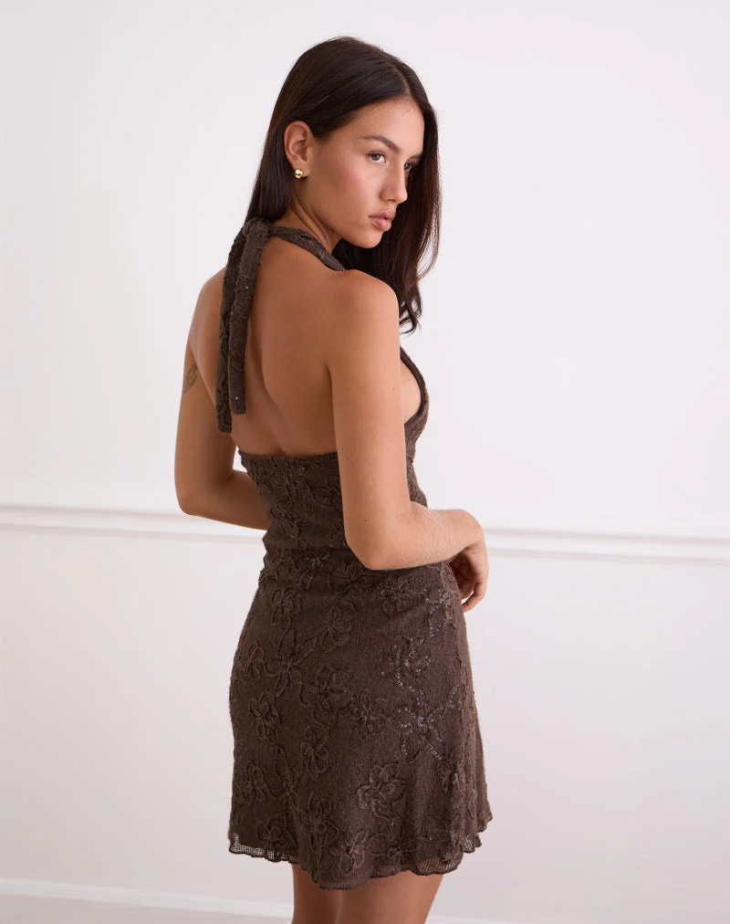 Codami Minikleid mit Neckholder aus Paillettenstrick in Dunkelbraun