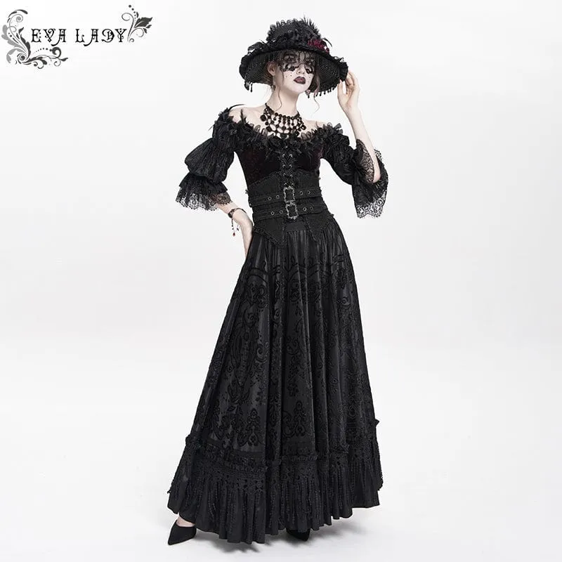 Gothic Jacquard Quasten Schnallen Langer Rock für Damen Schwarz