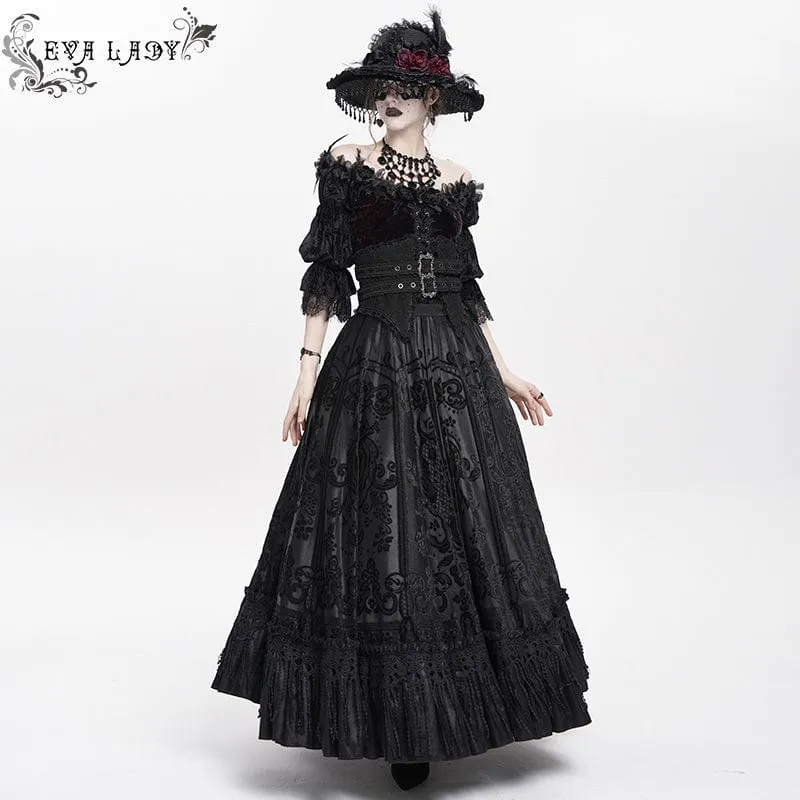 Gothic Jacquard Quasten Schnallen Langer Rock für Damen Schwarz