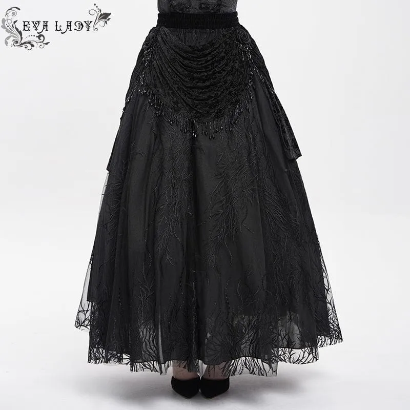 Gothic-Rock mit Blumenstickerei und Perlen für Damen, lang, Schwarz