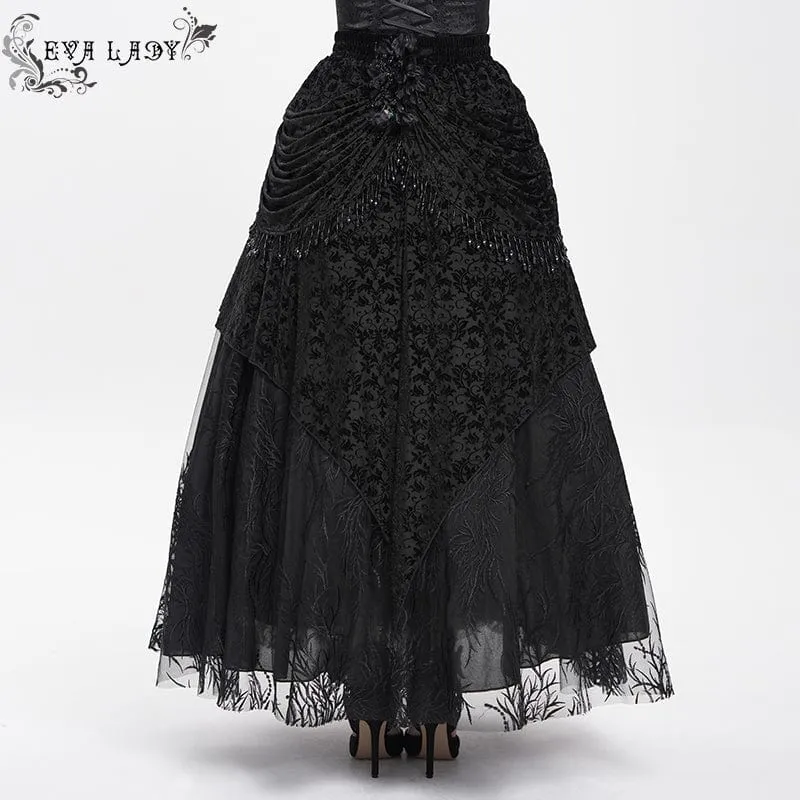 Gothic-Rock mit Blumenstickerei und Perlen für Damen, lang, Schwarz