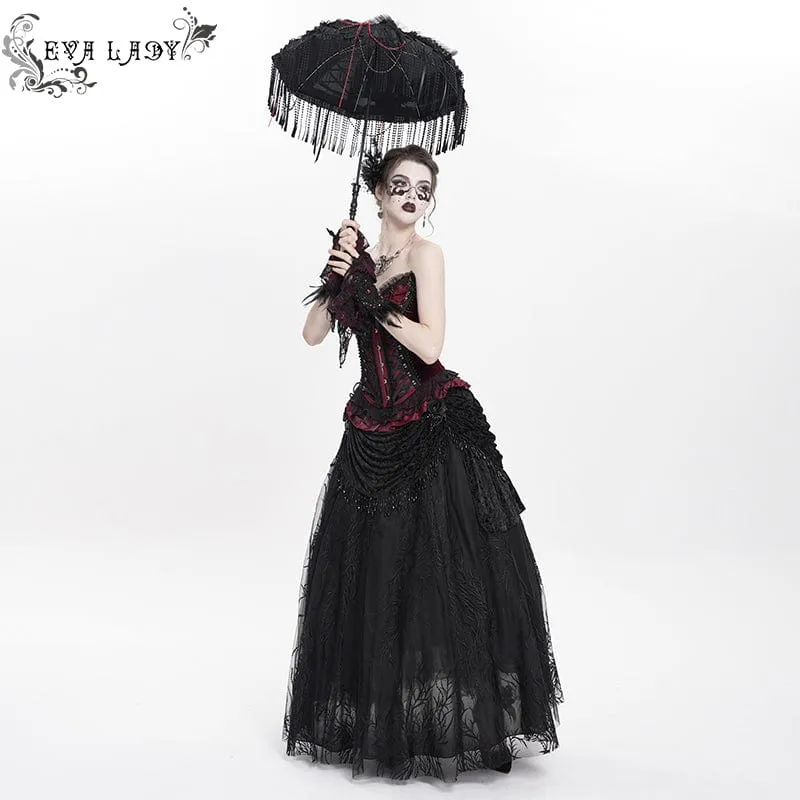 Gothic-Rock mit Blumenstickerei und Perlen für Damen, lang, Schwarz