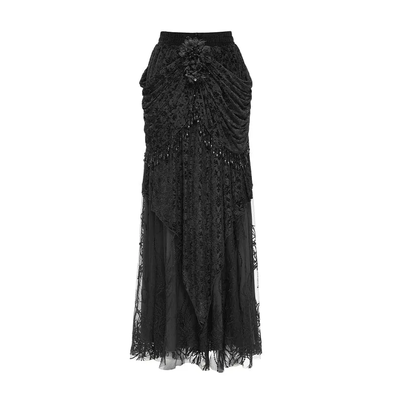 Gothic-Rock mit Blumenstickerei und Perlen für Damen, lang, Schwarz
