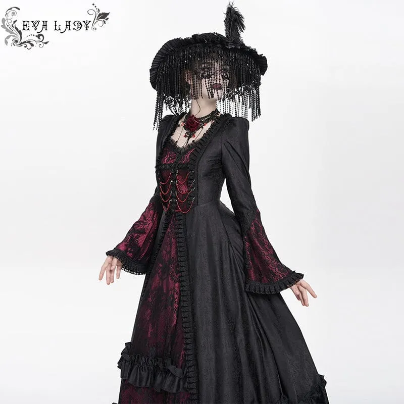 Rotes, gotisches Brautkleid mit Blumenstickerei, Raffungen, Schnürung und langen Ärmeln