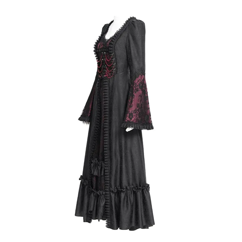 Rotes, gotisches Brautkleid mit Blumenstickerei, Raffungen, Schnürung und langen Ärmeln
