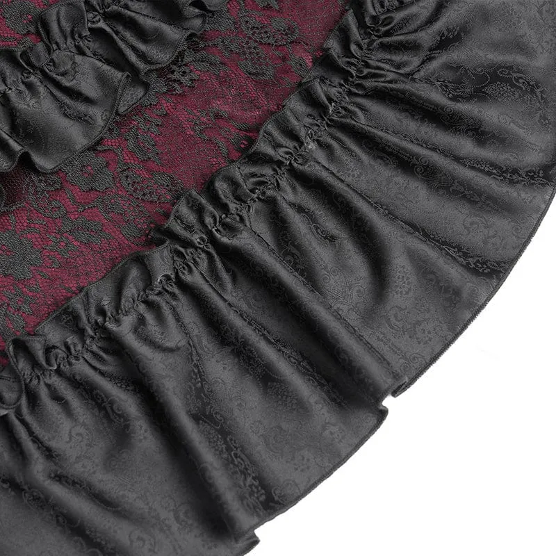 Rotes, gotisches Brautkleid mit Blumenstickerei, Raffungen, Schnürung und langen Ärmeln