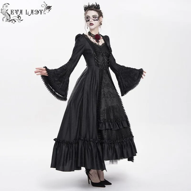 Schwarzes, gotisches Brautkleid mit Blumenstickerei, Raffungen, Schnürung und langen Ärmeln