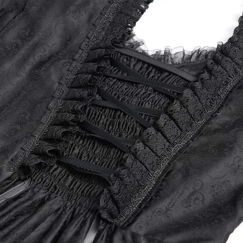 Schwarzes, gotisches Brautkleid mit Blumenstickerei, Raffungen, Schnürung und langen Ärmeln