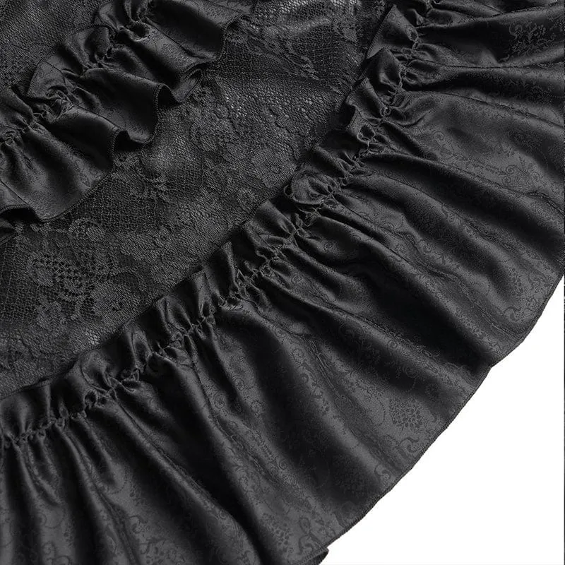 Schwarzes, gotisches Brautkleid mit Blumenstickerei, Raffungen, Schnürung und langen Ärmeln