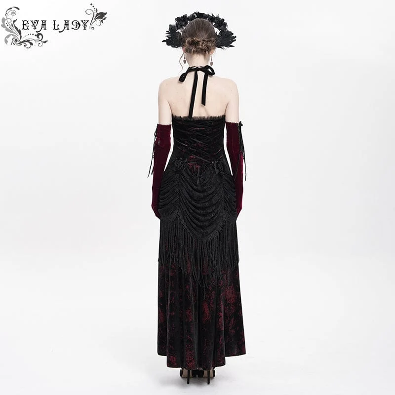 Rotes, gotisches Maxikleid mit Blumenmuster, Raffungen und Schnürung für Damen – ideal als Hochzeitskleid
