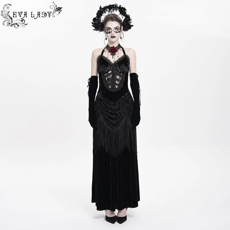 Schwarzes, gotisches Maxikleid mit Blumenmuster, Raffungen und Schnürung für Damen, ideal als Hochzeitskleid