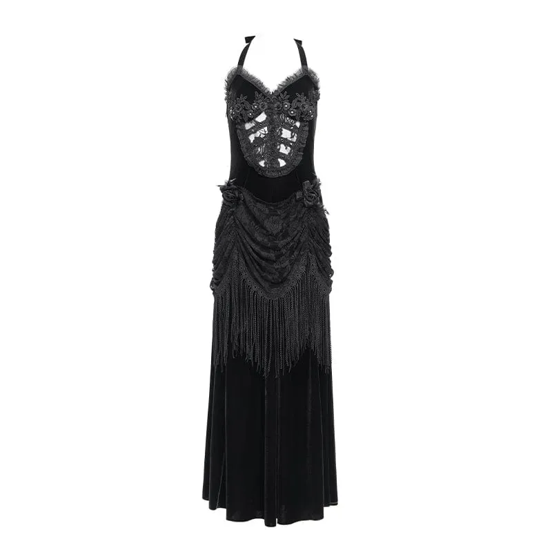 Schwarzes, gotisches Maxikleid mit Blumenmuster, Raffungen und Schnürung für Damen, ideal als Hochzeitskleid