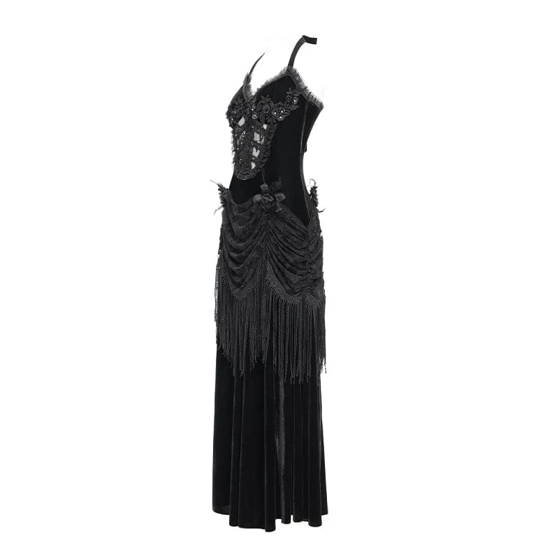 Schwarzes, gotisches Maxikleid mit Blumenmuster, Raffungen und Schnürung für Damen, ideal als Hochzeitskleid