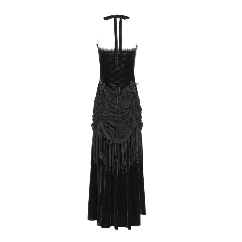 Schwarzes, gotisches Maxikleid mit Blumenmuster, Raffungen und Schnürung für Damen, ideal als Hochzeitskleid