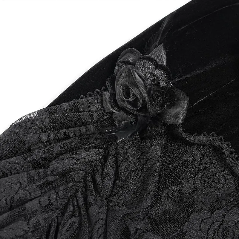 Schwarzes, gotisches Maxikleid mit Blumenmuster, Raffungen und Schnürung für Damen, ideal als Hochzeitskleid