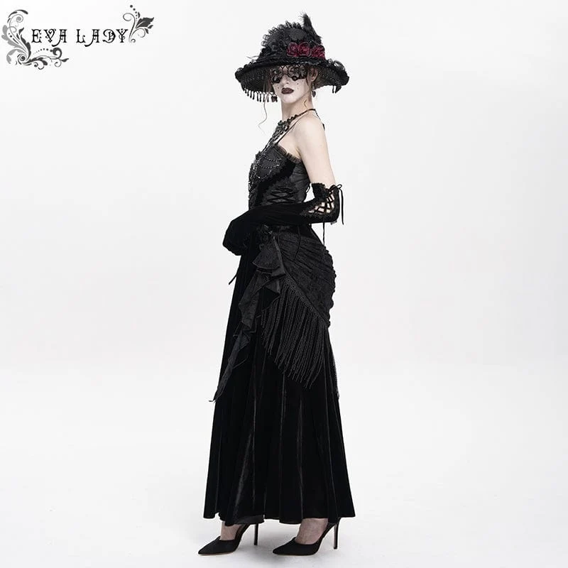 Gothic-Schnürkleid aus Samt mit Federn, langes Unterkleid für Damen, Hochzeitskleid