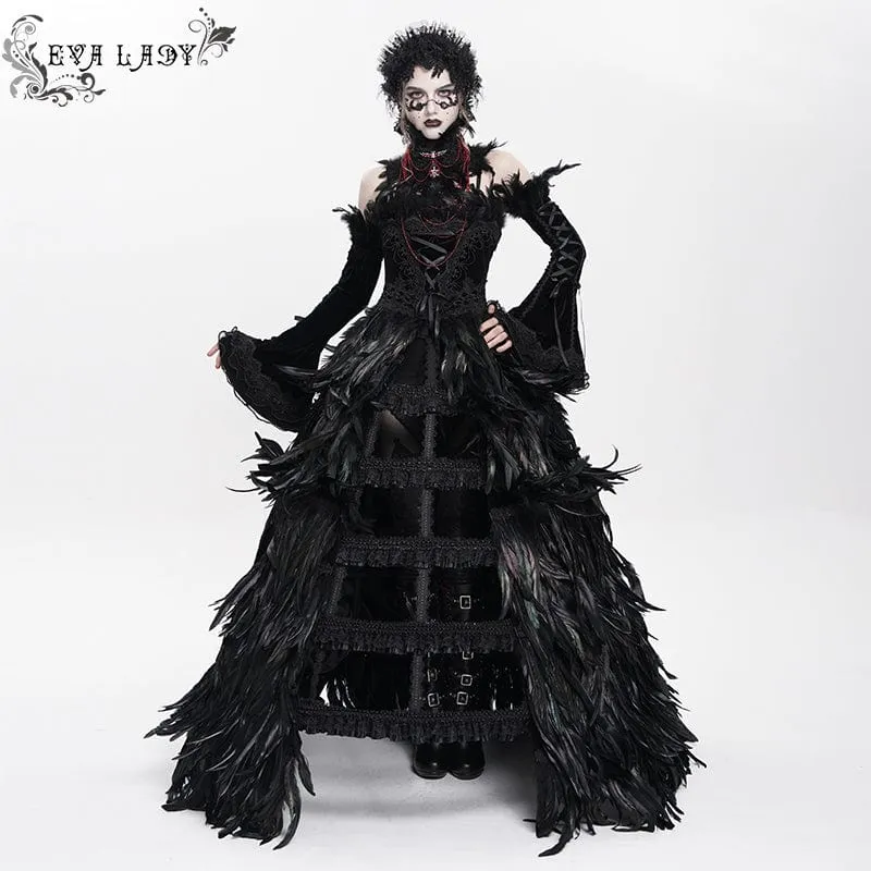 Maßgeschneidertes gotisches Schnürkleid mit Federn, schwarzem Unterkleid, Hochzeitskleid mit Halsschmuck und Ärmeln