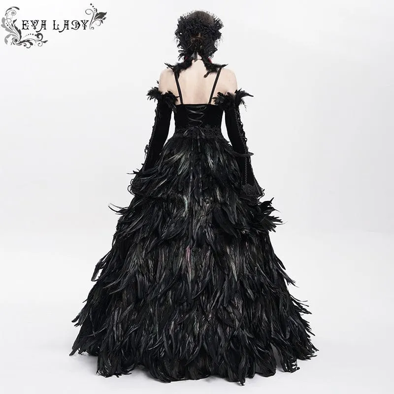 Maßgeschneidertes gotisches Schnürkleid mit Federn, schwarzem Unterkleid, Hochzeitskleid mit Halsschmuck und Ärmeln