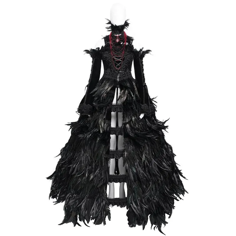 Maßgeschneidertes gotisches Schnürkleid mit Federn, schwarzem Unterkleid, Hochzeitskleid mit Halsschmuck und Ärmeln
