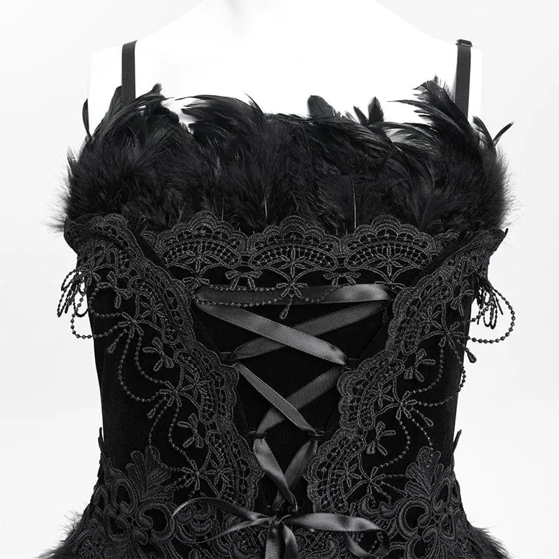 Maßgeschneidertes gotisches Schnürkleid mit Federn, schwarzem Unterkleid, Hochzeitskleid mit Halsschmuck und Ärmeln