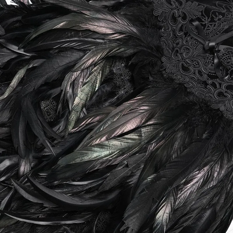 Maßgeschneidertes gotisches Schnürkleid mit Federn, schwarzem Unterkleid, Hochzeitskleid mit Halsschmuck und Ärmeln