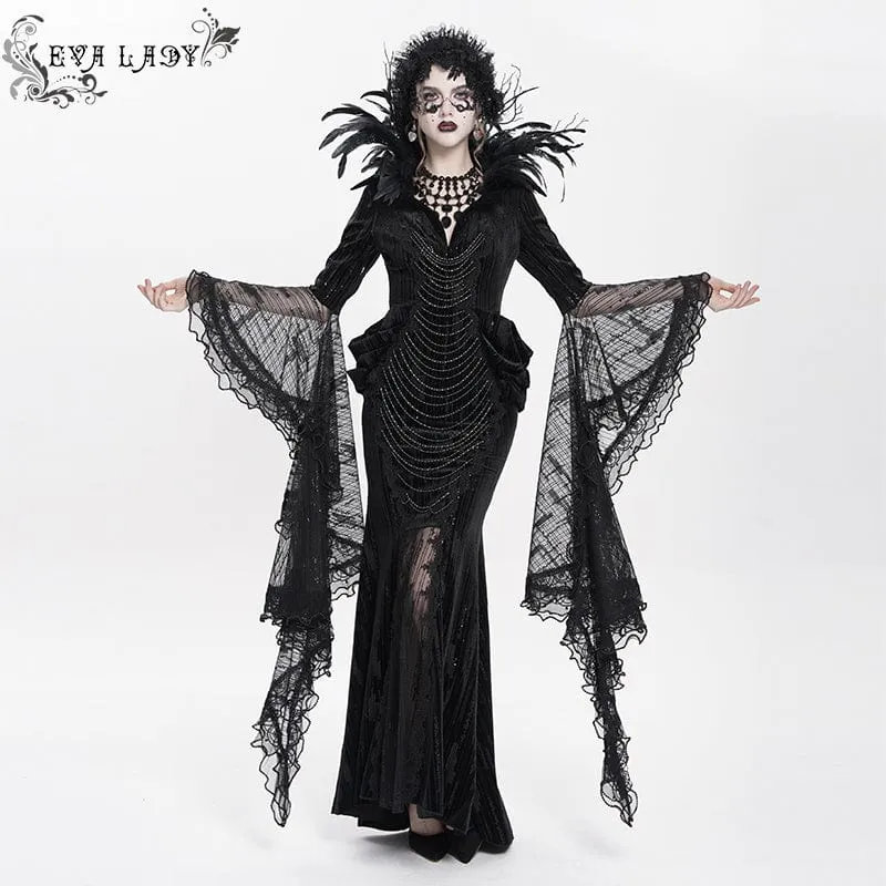 Schwarzes, maßgeschneidertes Gothic-Abendkleid mit Federketten, tiefem Ausschnitt und langen Ärmeln für Damen – Hochzeitskleid