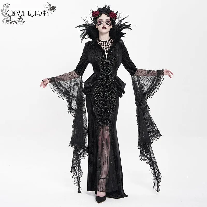 Schwarzes, maßgeschneidertes Gothic-Abendkleid mit Federketten, tiefem Ausschnitt und langen Ärmeln für Damen – Hochzeitskleid