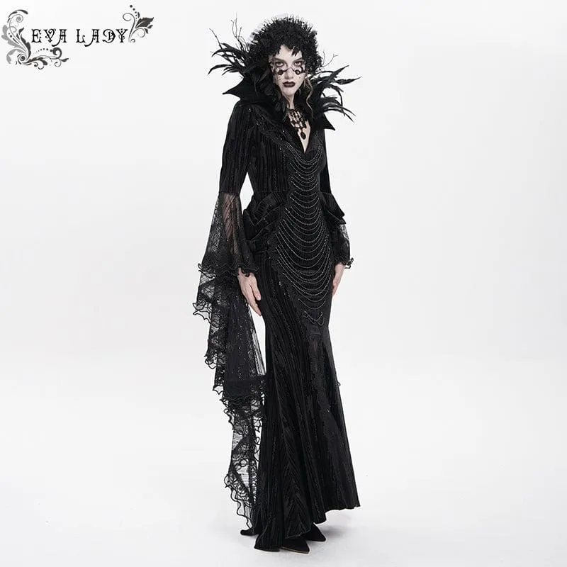 Schwarzes, maßgeschneidertes Gothic-Abendkleid mit Federketten, tiefem Ausschnitt und langen Ärmeln für Damen – Hochzeitskleid