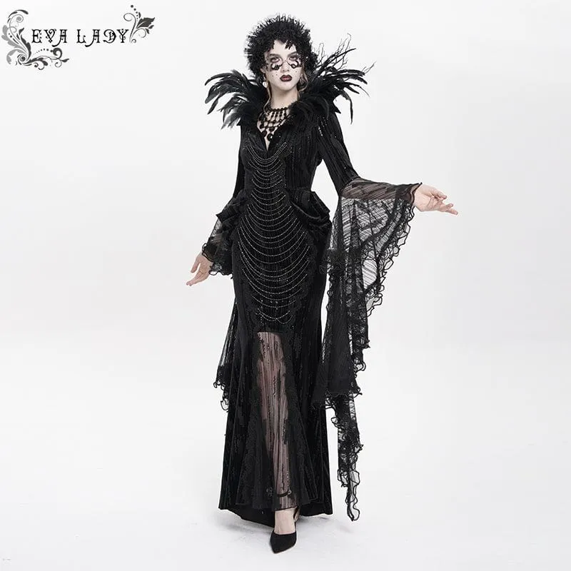 Schwarzes, maßgeschneidertes Gothic-Abendkleid mit Federketten, tiefem Ausschnitt und langen Ärmeln für Damen – Hochzeitskleid