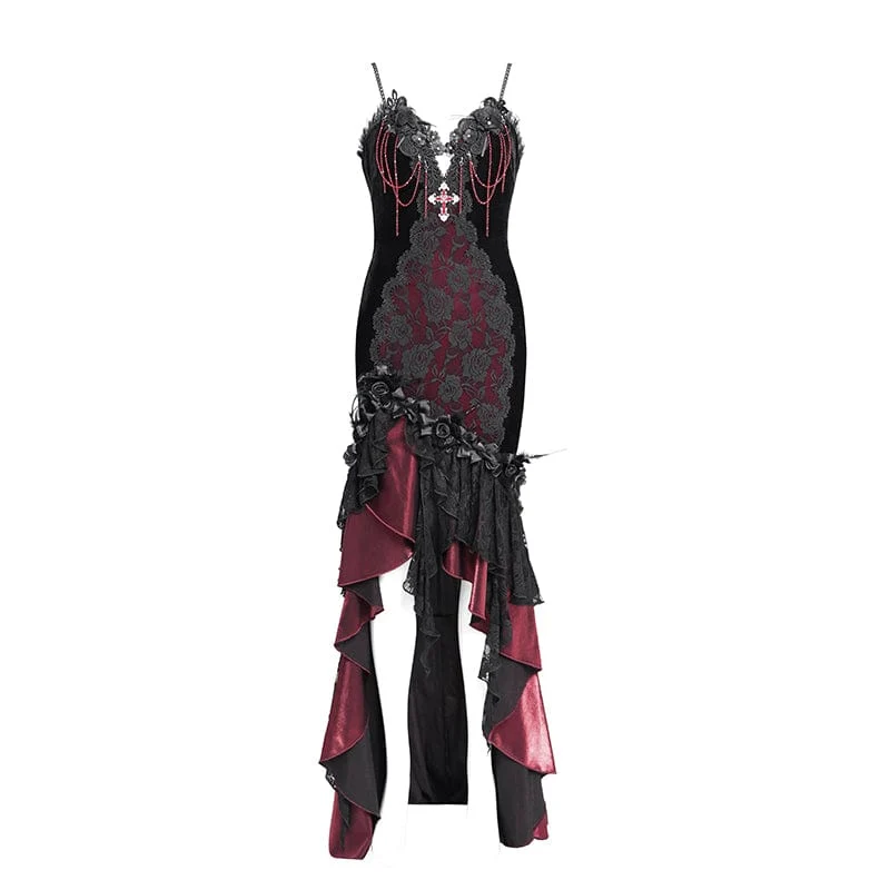 Rotes, langes, gotisches Unterkleid mit Blumenstickerei, Kreuzrüschen und Rüschen für Damen – ideal als Hochzeitskleid