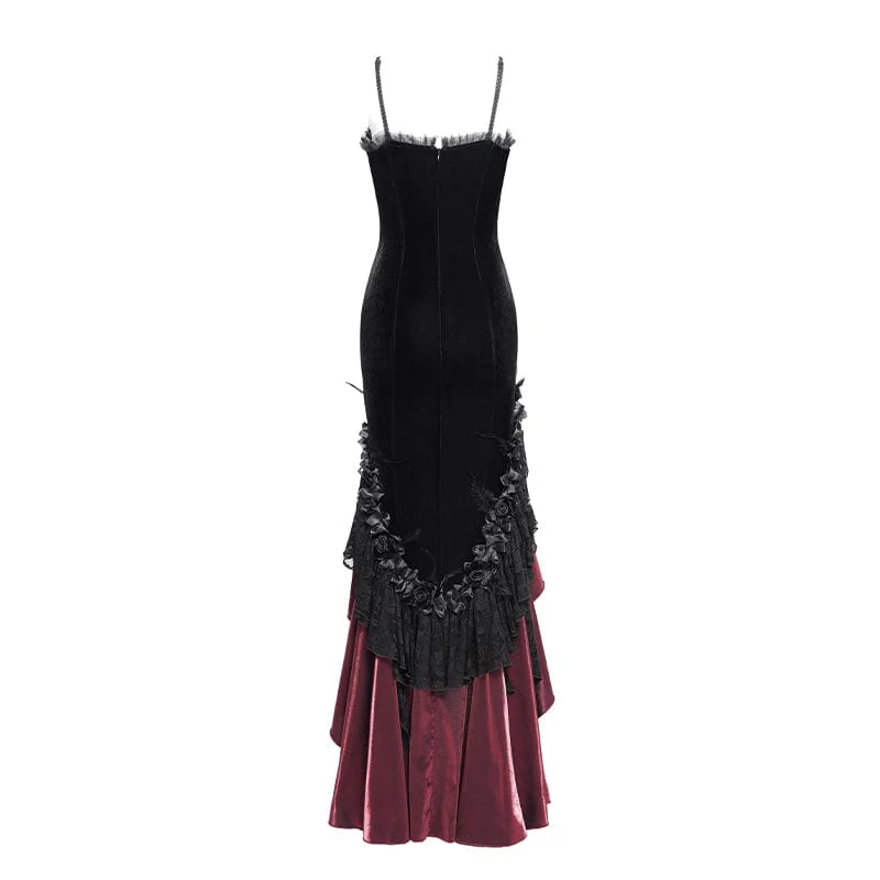 Rotes, langes, gotisches Unterkleid mit Blumenstickerei, Kreuzrüschen und Rüschen für Damen – ideal als Hochzeitskleid
