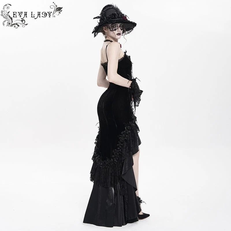Schwarzes, langes, gotisches Unterkleid mit Blumenstickerei, Kreuzrüschen und Rüschen für Damen – ideal als Hochzeitskleid