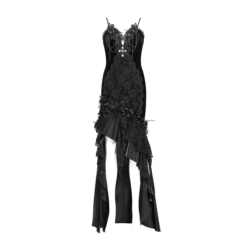 Schwarzes, langes, gotisches Unterkleid mit Blumenstickerei, Kreuzrüschen und Rüschen für Damen – ideal als Hochzeitskleid