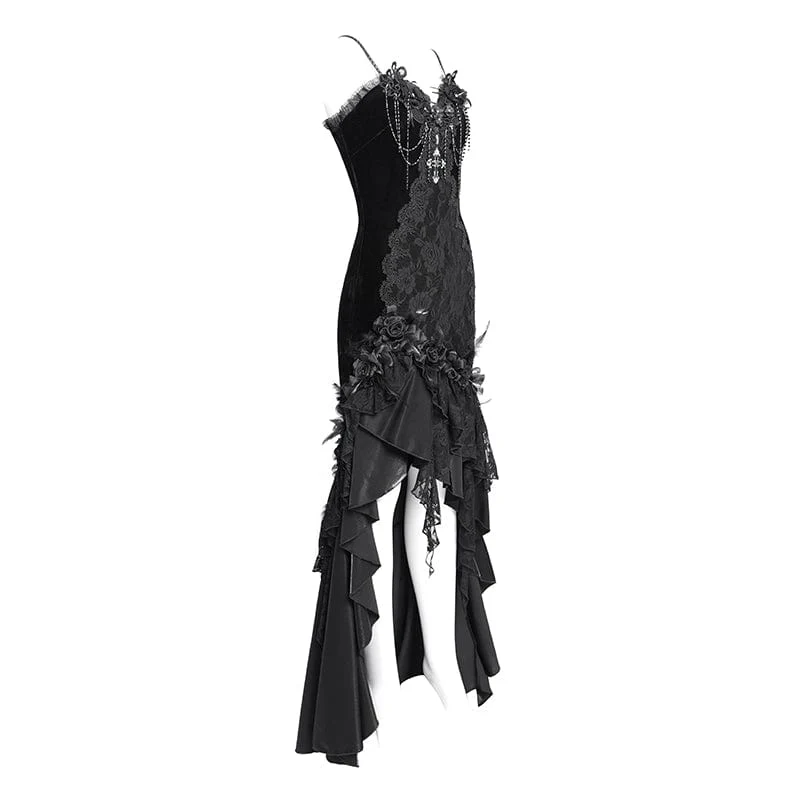 Schwarzes, langes, gotisches Unterkleid mit Blumenstickerei, Kreuzrüschen und Rüschen für Damen – ideal als Hochzeitskleid