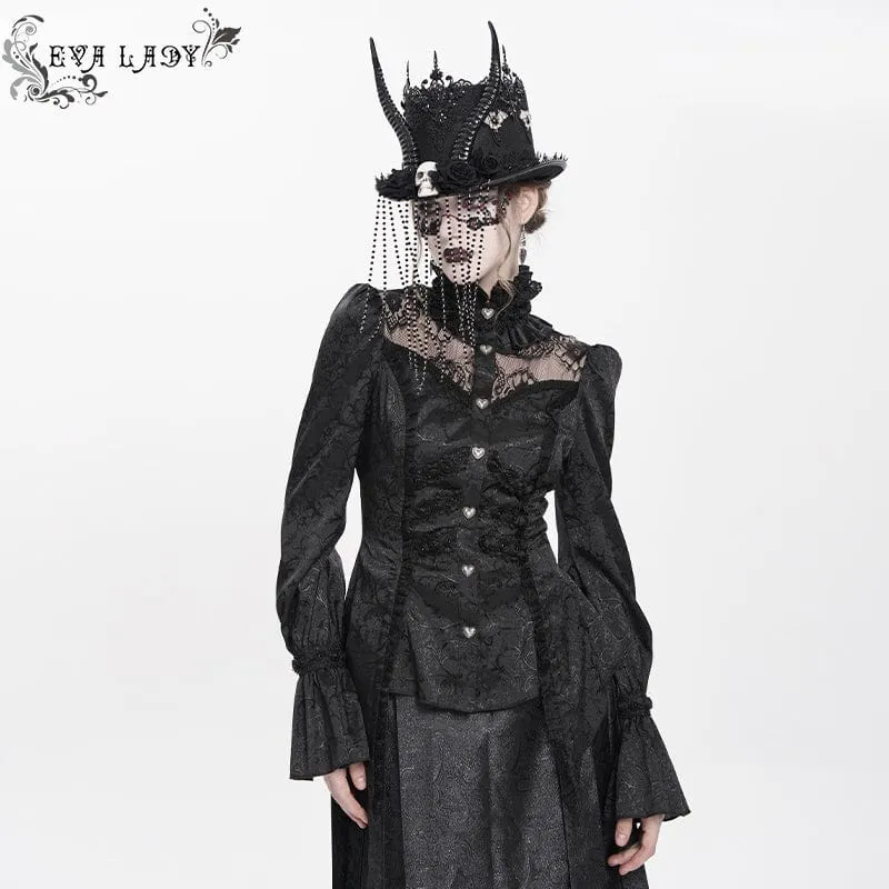 Gothic-Langarmhemd mit Jacquard-Spitze und Stehkragen für Damen
